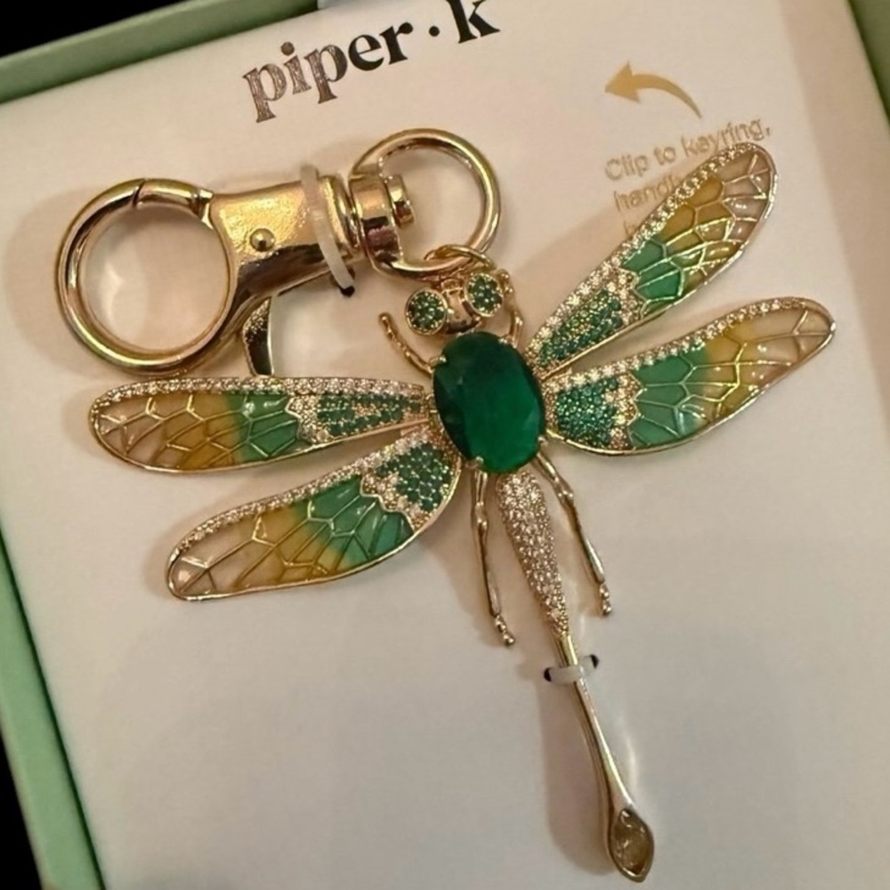 PIPER K Dragonfly Gold Hand-Painted with CZ Articulated Wings Bag Charm NEW NWT - Picture 3 of 15